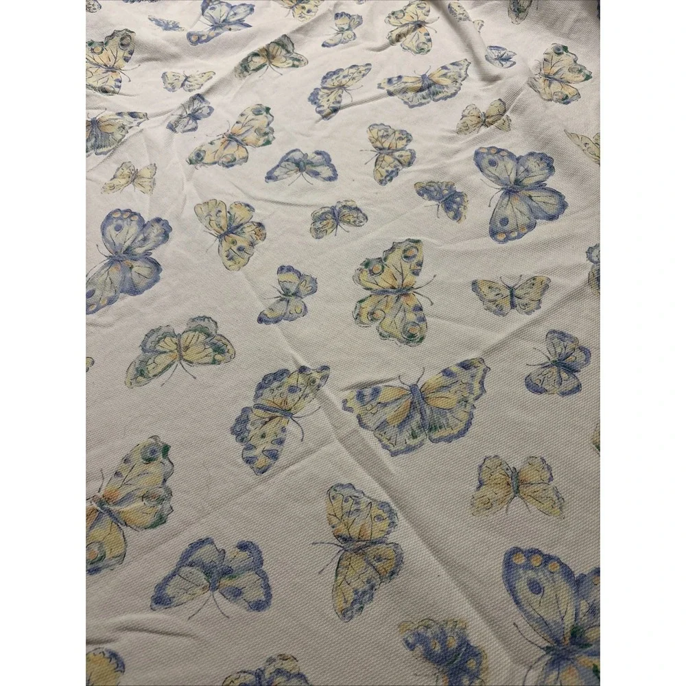 Vintage Blue Yellow Oblong Pique 100% Cotton Butterfly Tablecloth - Size 58